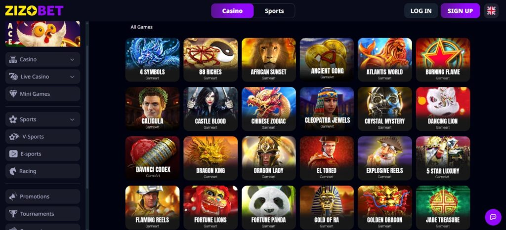 Zizobet homepage showing the games library